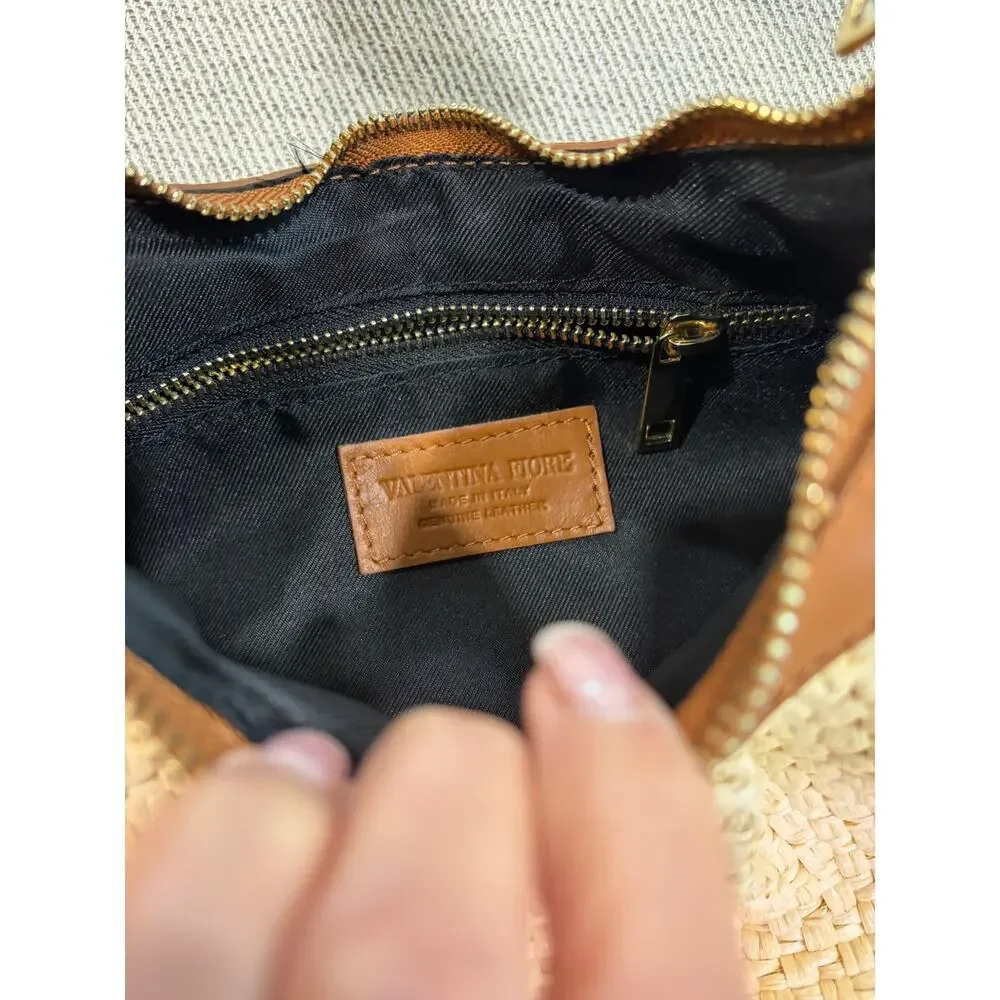Valentino Fiore woven straw & cognac leather hobo bag